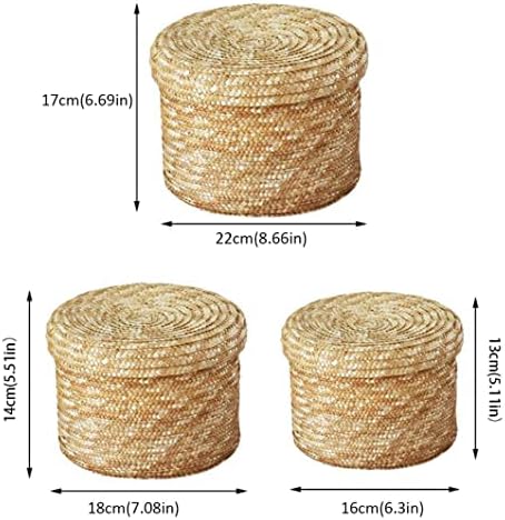 Нирелиф Корпи За Складирање Слама со Капак Ткаен Организатор Тркалезна Кутија За Складирање За Спална Соба Дневна Соба Закуски за Перење алишта 3 парчиња