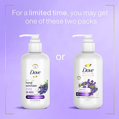 Dove Advanced Care Sanitizer Lavender & Chamomile Pack од 4 за мека, мазна кожа, 99,99% ефикасна против многу микроби, 8 мл