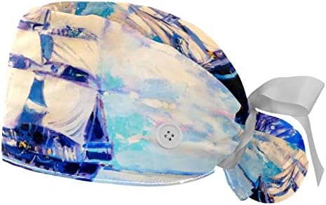 2 Пакувајте ја работната капа на жените со копчиња лента вратоврска за апстрактна уметност со сино масло за сликање со едриличари со долга коса за коса