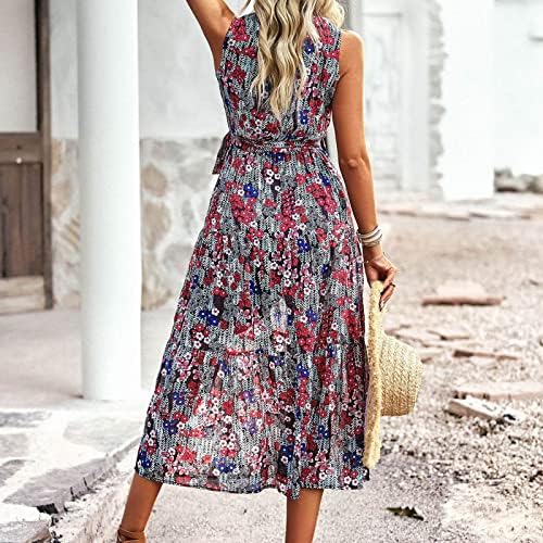 Пролет &засилувач; Летен Фустан За Жени 2023 Печатење Мода Обичните Дами Без Ракави V-Вратот Тенок Обврзувачки Фустан #1