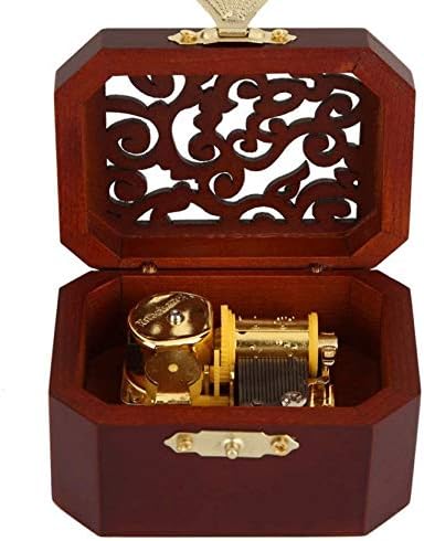 Дрвена класична музичка кутија со Гретд врежан часовник октагонални пресврти со рака и се врти исклучителна гроздобер музичка кутија