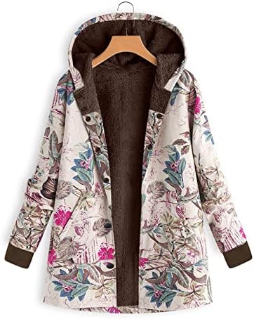 Плус големина Целосна поштеда на дебелиот бушав нејасен палто, јакна со долги ракави за жени со цветно печатење руно наредено со палто