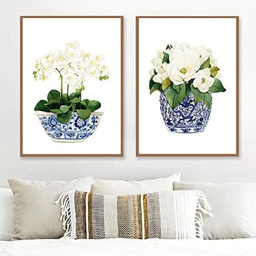 Vlolife Бела орхидеја и акварел на Магнолија, чиноизери декор платно печати ориентална вазна сина бела врба стил порцелански цветен тегла без рамка, 16x24Inchx2 нераспомен?
