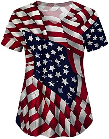 4 јули Маици За Жени Американско Знаме Летни Маици Со Кратки Ракави Против Вратот Со 2 Џебови Блузи Празнична Секојдневна Работна Облека