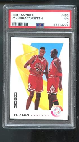 1991-92 Skybox #462 Мајкл Jordanордан Скоти Пипен ПСА 7 оценета кошаркарска картичка НБА 91-92 1991-1992 Тимска работа Чикаго Булс