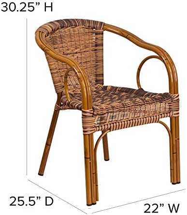 Флеш мебел Кадиз Серија темноцрвена бамбус-алуминиум затворен-аут-аут-ресторан-патио стол со горење кафеав ратан
