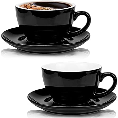 Дајленд 2 пакувања 10 мл кафе и чинија, керамички сјајни црни капучино чаши со чинии за кафуле и бариста, совршени за специјализирани