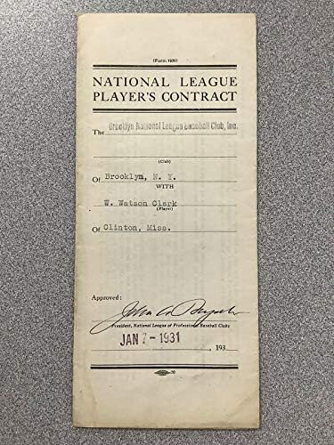 Џон Хајдлер Потпишал Договор За Бејзбол Бруклин од 1931 година со Кларк + Ф Јорк Јса-Млб Скратени Потписи