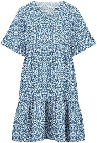 Maxенски макси фустан, женски обичен краток ракав надолу фустан летен џеб за џеб еластична половината А-линија за замав мини фустани