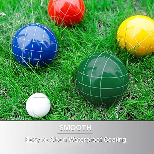 Сет Juegoal Bocce Ball, 90мм црвени, зелени, сини и жолти топки, палино и мерење јаже со меко носење, семејна игра на отворено за воден двор, тревник, плажа, забава, пикник и игр?