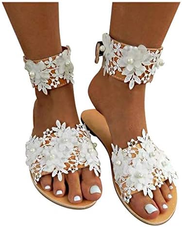 Женски сандали 2021 година, летни женски сандали отворени пети боемски бисер рамен плажа чевли обични тантела од чипка