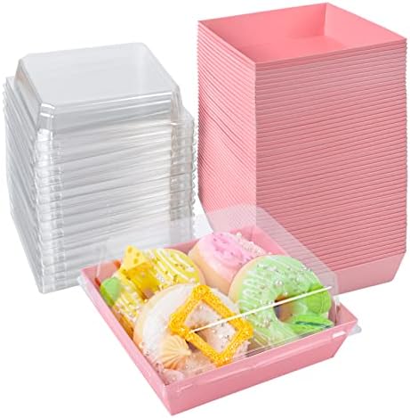 Kosotody 50 пакет Charcuterie Square Coxes со јасни капаци, 5 инчи розово масло-отпорен на хартија за хартија, кутии за пекари за