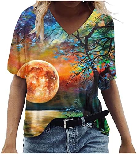 Womenените кратки ракави против маички со вратот Акварел сликарство лотос лотос графичка кошула летен обичен трендовски пуловер