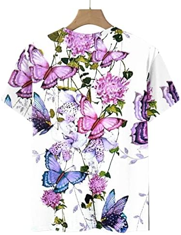 N34- Виолетова чамец врат Спандекс блузи дами кратки ракави пеперутка Песочна цветна графичка лабава вклопена обична маица тинејџерска