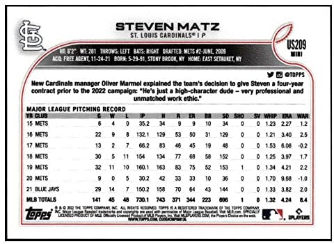 Стивен Матц 2022 Топс мини US209 NM+ -MT+ MLB Бејзбол преку Интернет Ексклузивни кардинали