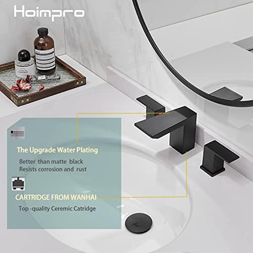HOIMPRO 3 дупки 8 инчи широко распространета тапа за бања, водопад две рачки за мијалник за бања со појас, бања мијалник со црева за снабдување со cupc, не'рѓосувачки челик,