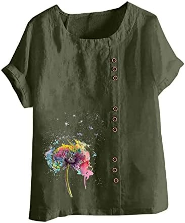 Женски памучен постелнина тркалезна јака врвови летни цветни блузи на плажа плус големина работа хенли кошули обична маица со краток ракав