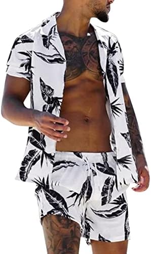 Облека на плажа на Хавајски плажа ДСОДАН, поставени за мажи, летно тропско дрво печатено опуштено-фит-шорцеви од кошули на Хаваи 2 парчиња