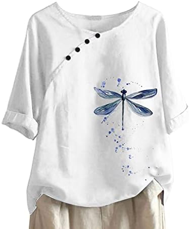 Глуварче кошули за жени летни постелнина Туника врвови гроздобер графички маички селска блуза обични лабави копчиња маица маица