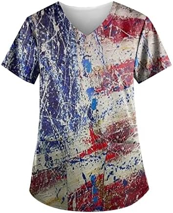4 јули Маица За Жени Американско Знаме Летен Краток Ракав В Маица За Вратот со 2 Џебови Блузи Празнична Секојдневна Работна Облека