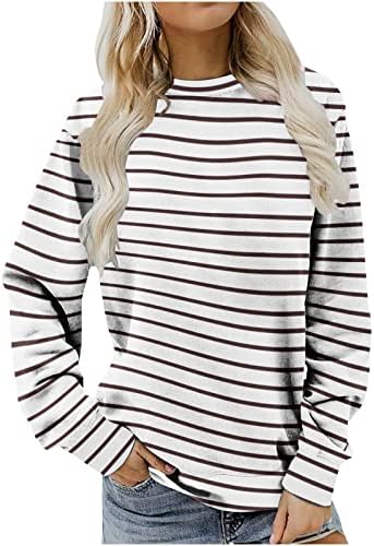 Womenенска обична шарена маичка со долги ракави со тркалезен врат Туника врвови паѓаат мода лабава блуза со класично вклопување