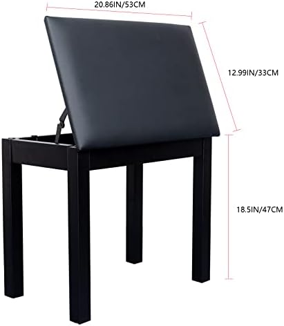 Стрих клупа за пијано со складирање, цврсто дрво тастатура клупа за тастатура за пијано столче столче седиште со затегната перница, црна