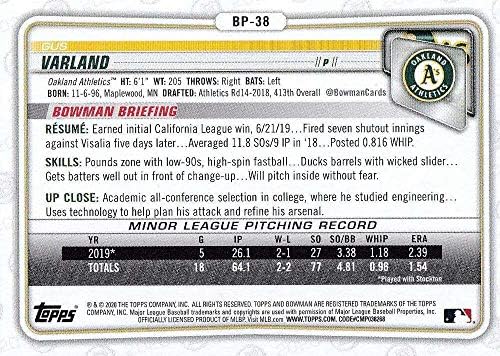2020 Проспекти на Bowman BP-38 Gus Varland Oakland Athletics MLB Baseball Card NM-MT
