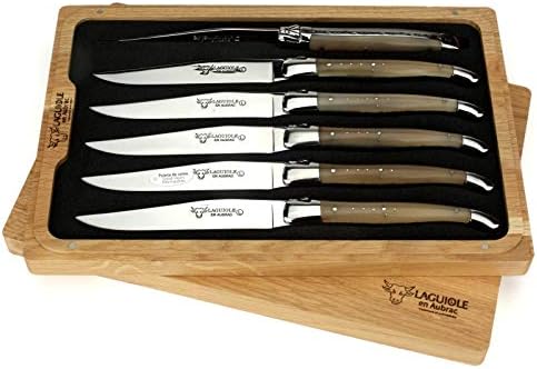 Лагуиоле Ен Обрац - комплет од 6 француски ножеви за стек-рачки полиран врв на рог-вредна дрвена кутија за подароци