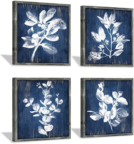 Бела ботаничка дрвена wallидна уметност: Уметничко растение остава слика темно сина позадина со рачно заработници рустикално дрво врамено сликарство
