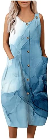 Фустани за допок за жени лето цветно печатење на екипажот на вратот, прилагодлив ленен фустан со џебови со џебови