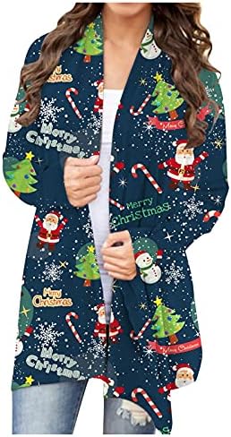 Christmasенски Божиќен снежен човек печати кардиган јакна со долг ракав сезонски обични лабави големи големини топли палта