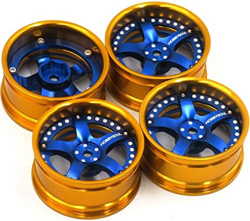 4PCS RC 1/10 Алуминиумски легури на тркала на тркала HEX 12mm прилагодлива офсет злато и сина боја одговара за 1:10 RC на патни гуми за турнеи со автомобили