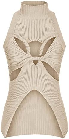 Women'sенски ребрестиот плетен резервоар врвови секси исечен пресврт на јазол предниот дел од џемперот џемпер без ракави, без ракави,