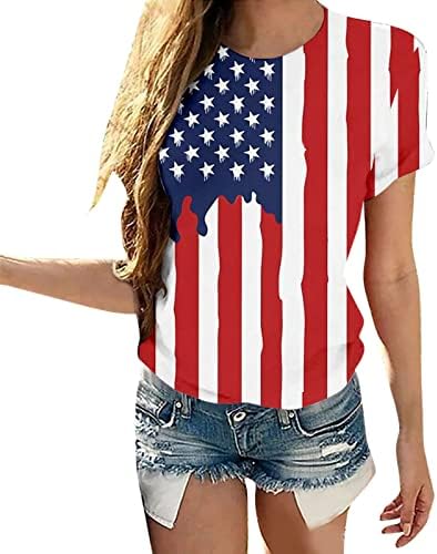 Женска маица американска кошула со знаме за печатење на маица Денот на маицата кратки ракави врвови на 4-ти јули Патриотска маичка за маички