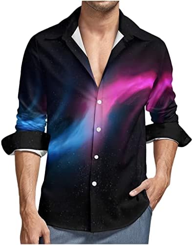 Врвовите на блузата за копчето за долги ракави за мажи надолу од кошули со лапти, плус големина мода градиент печатена кошула