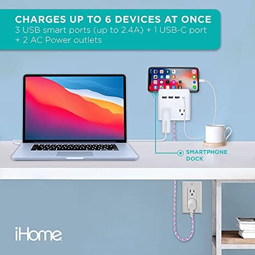 IHOME Power Reach Extender за излез на приклучоци со 2 места, полнач за wallидови со 4-порта, кабел за продолжување од 6 стапки и магнетски