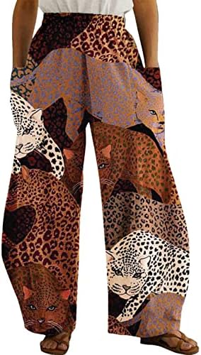 FMCHICO женски обични печатени панталони за печатење летни плажа високи половини широки нозе палацо дневни панталони со џебови