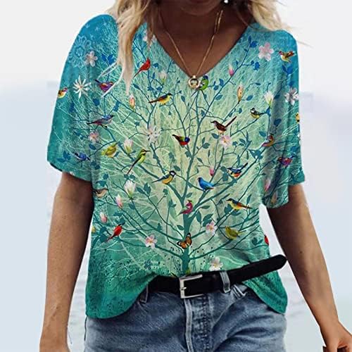 Кратки ракави маички, жени цветни печатени обични облечени блузи V вратот лето излегувајќи врвови дама преголеми графички маици