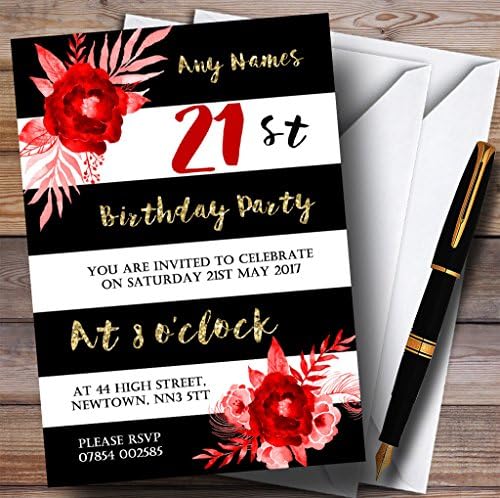 Црна Бела Шарени Злато Црвен Цвет 21-Ви Персонализирани Покани За Роденденска Забава