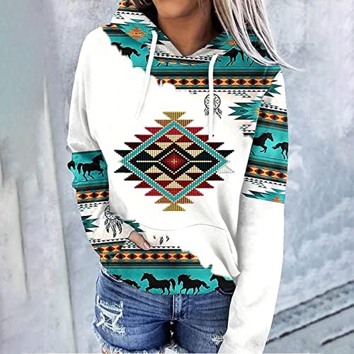 Врвови со долги ракави на жени западно Ацтек Худи етнички печати качулка пуловер каубојска ромб печатена печатена качулка врвови