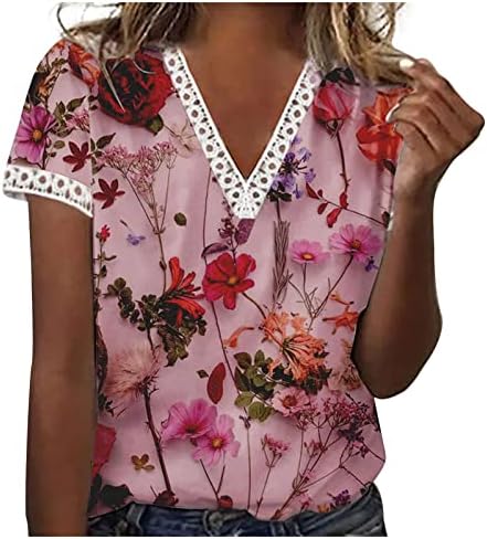 Флорални врвови за печатење за жени Boho чипка капчиња трим v вратот маички лето кратки ракави кошула обични лабави лабави лакови