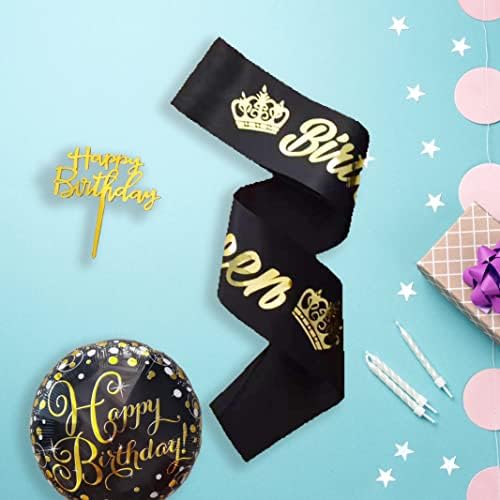 Хапрети „Роденденска кралица“, 3 пакувања црни роденденски сад и златни торта балони за жени за роденденска забава, роденденска