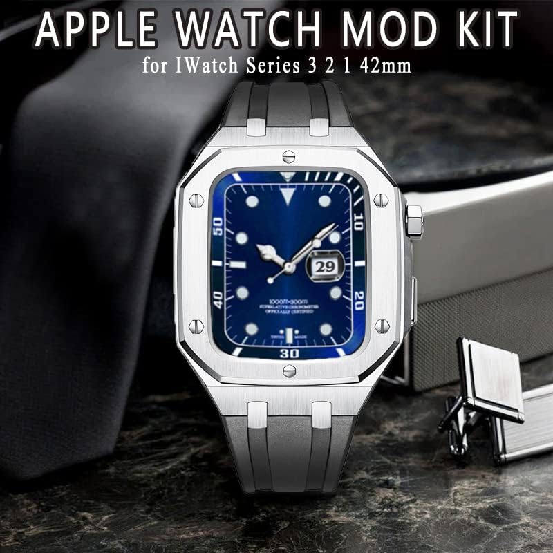 Поставен модификација на луксузни кутии Trdybsk за комплет за мод на Apple Watch Band 42mm 44mm метален челик со гумен каиш Кореа за iWatch Series 3 2 1