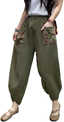 Мајифу-ЏЕЈ Жените Печатени Ленени Широки Панталони За Нозе Лесни Широки Исечени Панталони Еластична Половината Плажа Харем