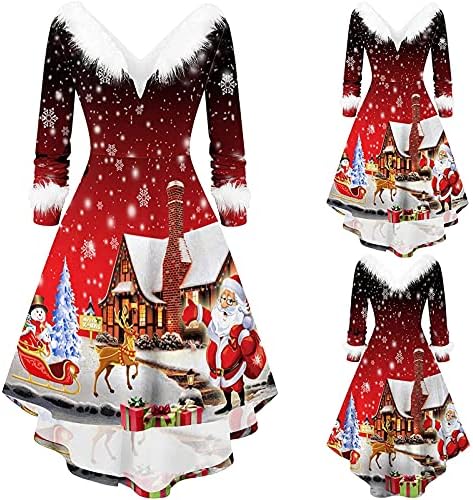 Twgone Божиќни облеки за жени против вратот г -ѓа Клаус Божиќен празник Божиќна коктел празнична забава Флејл фустан