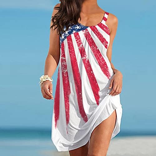 UQGHQO Фустани за Жени 2023,Миди Фустани 4 јули Лето Лежерна Плажа Сарафан Американско Знаме Печатење Краток Фустан