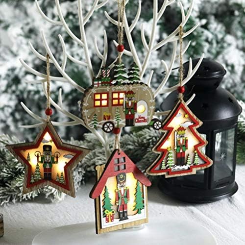 Pretyzoom 2 парчиња Божиќни дрвени украси предводени од дрво куќа starвезда оревчери украси виси подароци за украсување на новогодишни подароци за DIY Божиќна празничка з?