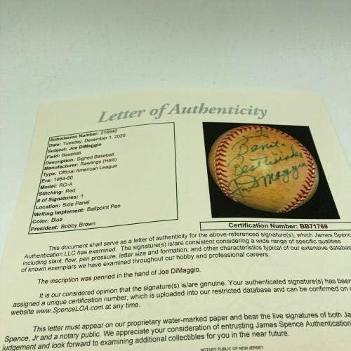 Џо Димаџо Потпиша Автограм Официјален Американски Лига Бејзбол ЏСА Коа-Автограм Бејзбол