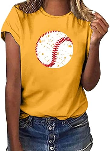 Маици Краток Ракав За Жени Жени Обични Бејзбол Печатење Кратки Ракави Вратот На Екипажот Лабава Маица Блуза Блузи