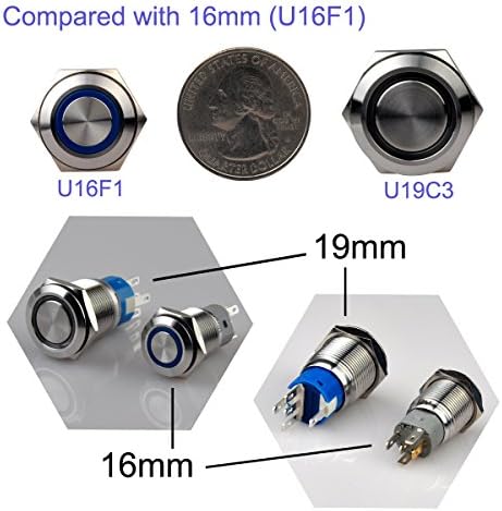 Вклучен прекинувач на копчето Ulincos Momentur Push U19C3 1NO1NC сребрена школка од не'рѓосувачки челик со 12V сина LED прстен погоден за дупка за монтирање од 19мм 3/4